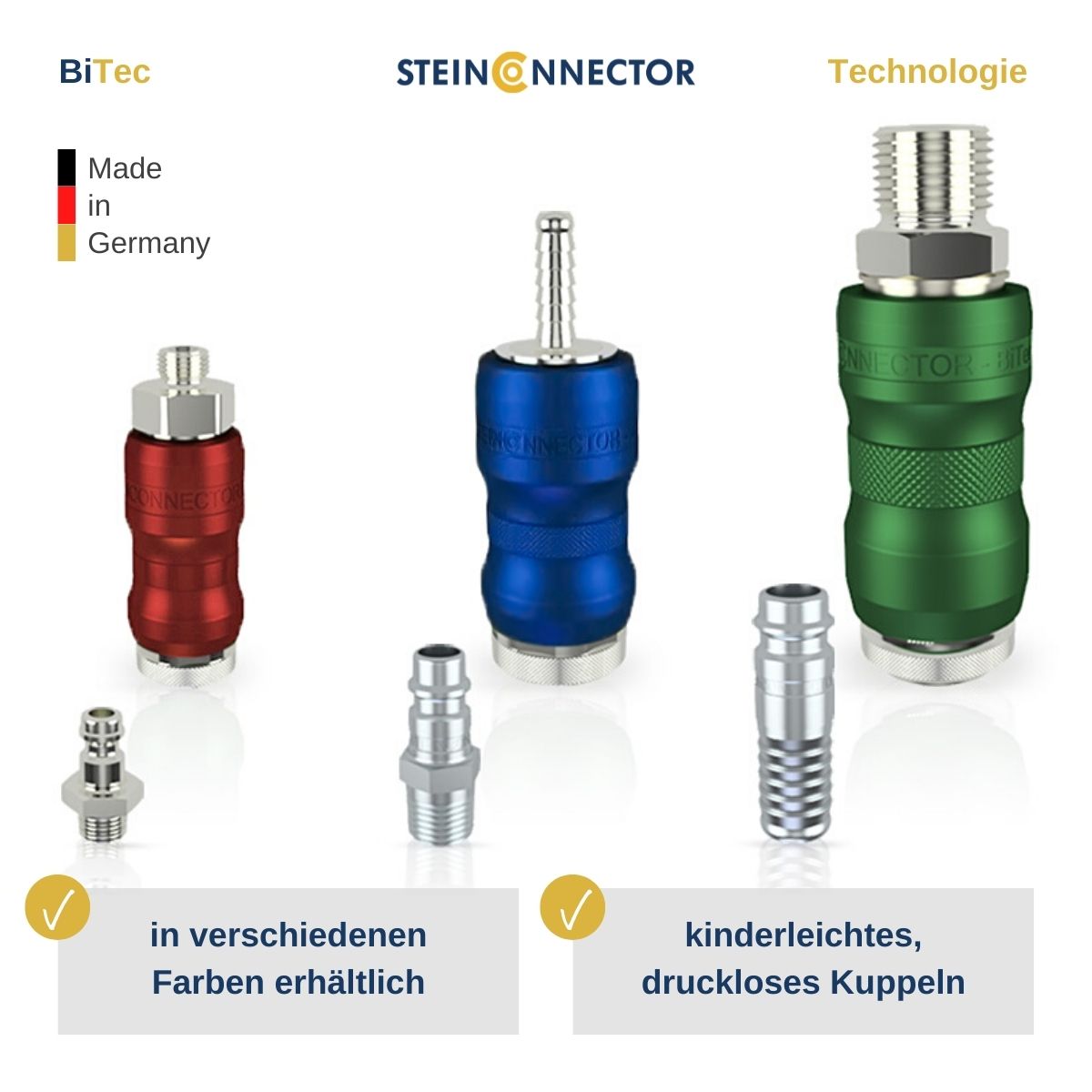 steinconnector bitec sicherheits entlüftungskupplung mit absperrventil rot blau grün für maschinen, anlagen und aggregate in premium industrie qualität made in germany
