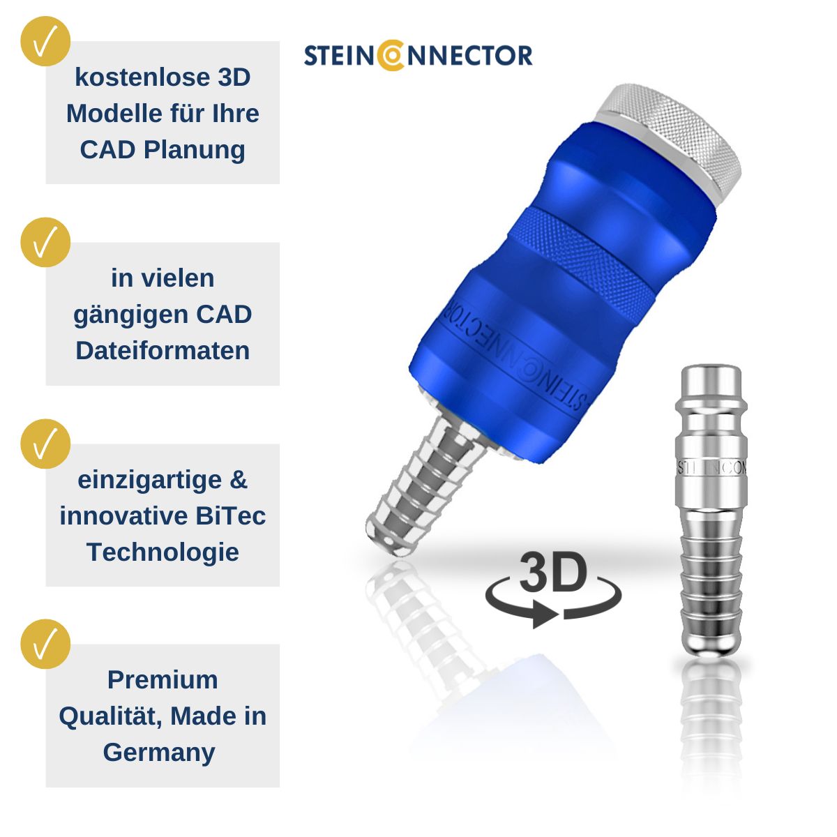 steinconnector absperbare Entlüftungskupplung für pneumatik und druckluft-schläuche kostenlose 3d modelle für cad zeichnungen und eine schnelle planung iges step made in germany