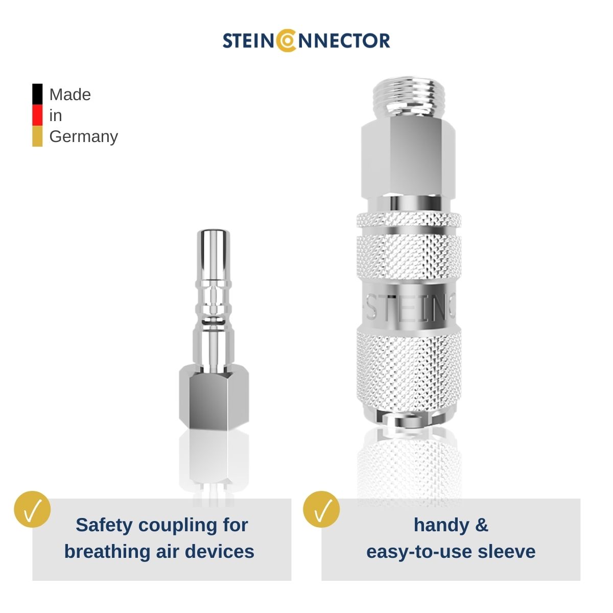 Compressed air couplings for connecting oxygen cylinders and oxygen masks and oxygen suits - premium quality made in Germany