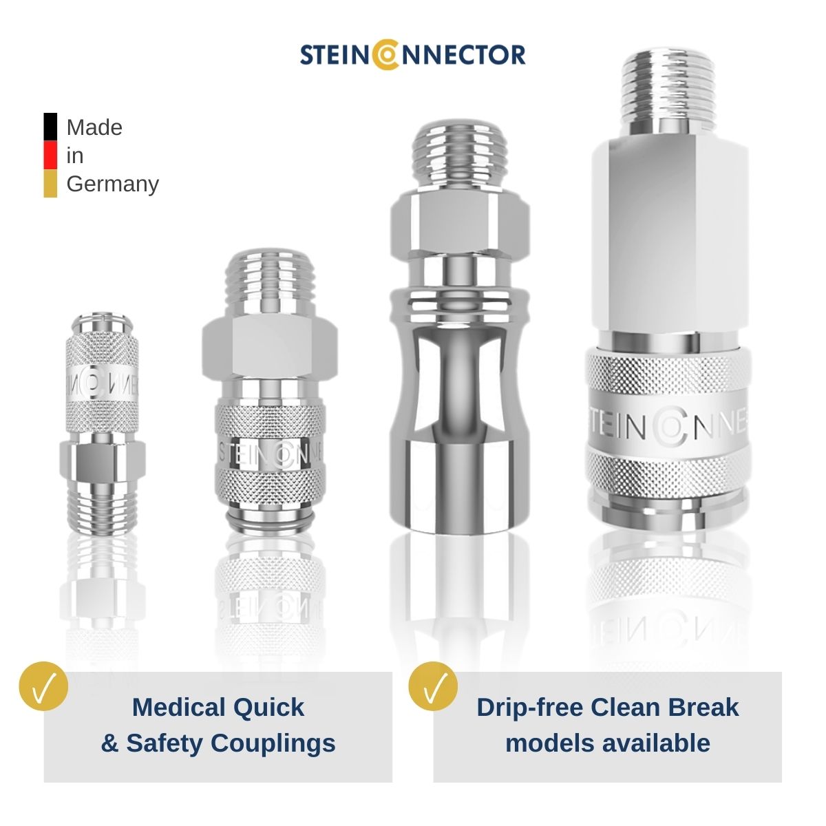 Clean Break & Flat Face couplings, dental couplings, sterile couplings, dry couplingsspecifically developed for medical technology - STEINCONNECTOR Medical couplings in premium quality