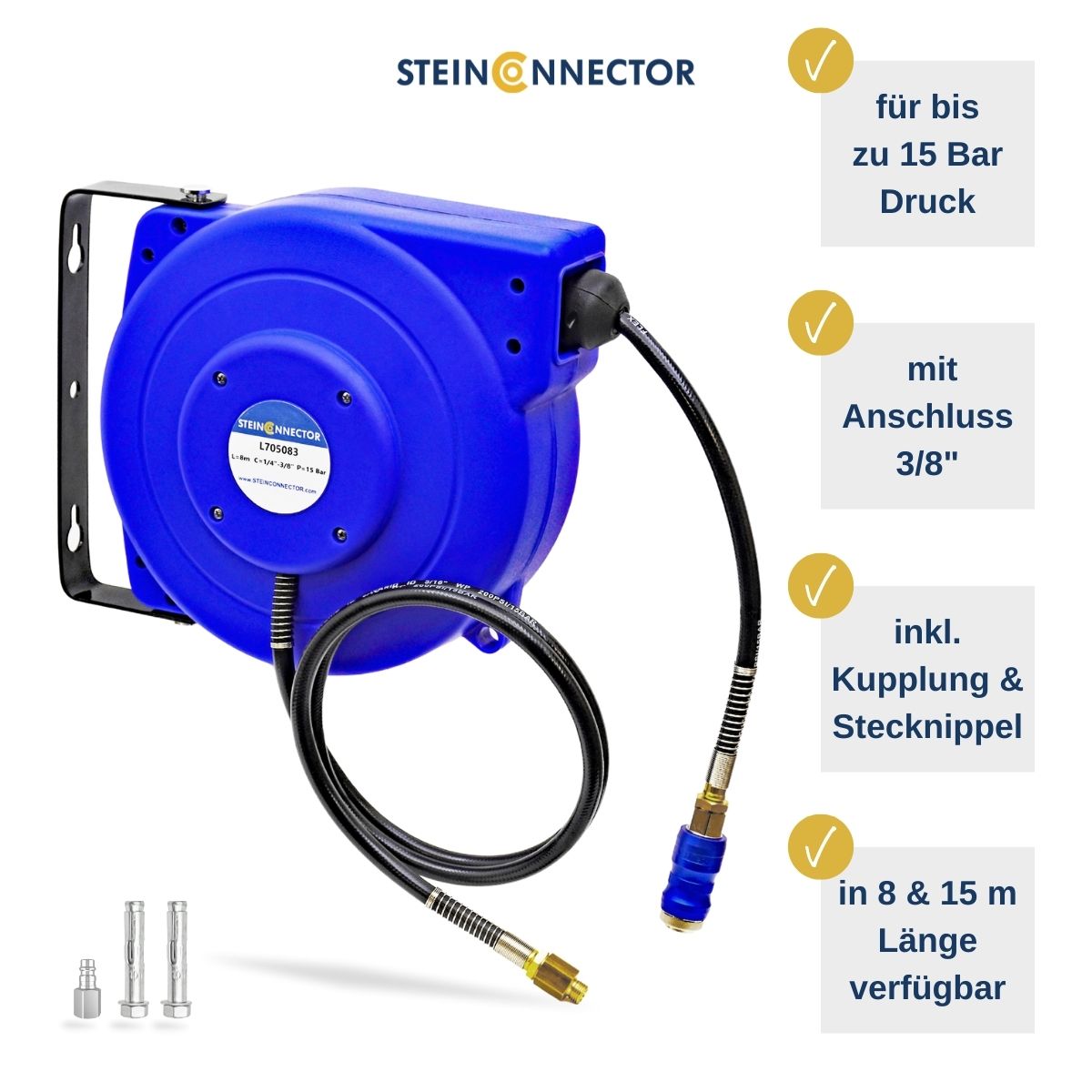 Steinconnector Profi Schlauchaufroller blau in 8 und 15 m Schlauch-Länge - Automatik Schlauch-Trommel mit Wand-Halter inkl. Montage-Material