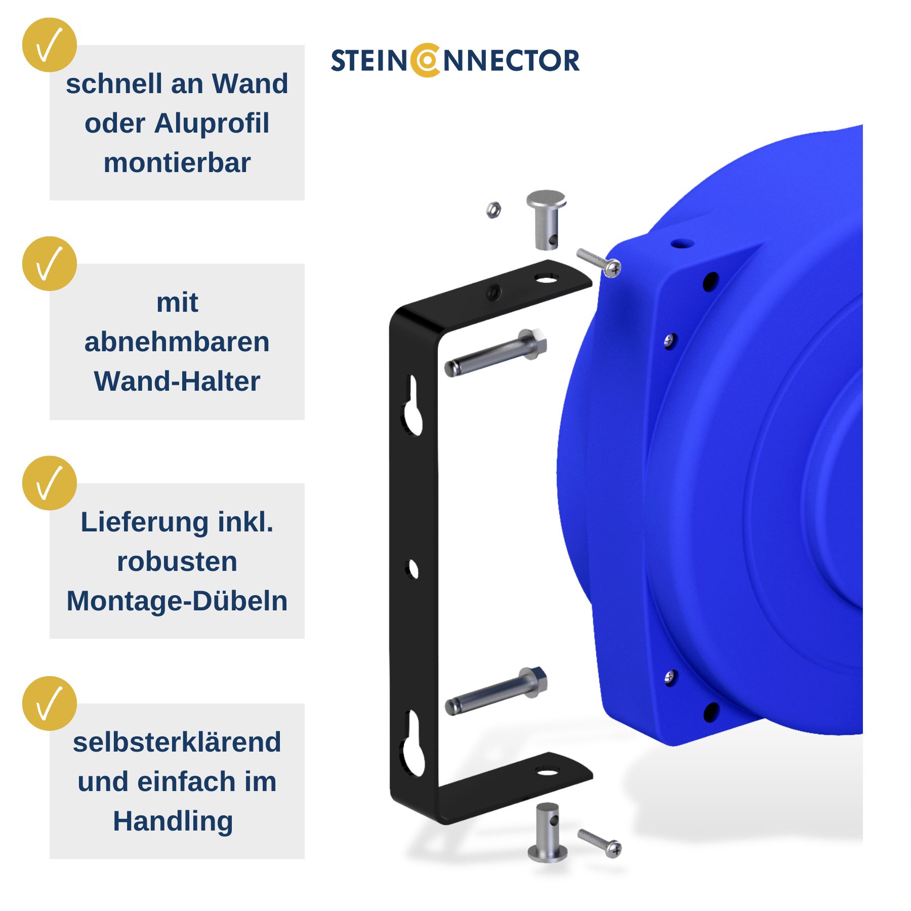 Wand Druckluft Schlauchbox mit Automatik-Einzug - Profi Schlauchtrommel mit Wand-Halterung 180° schwenkbar - einfache Wand Montage inkl. Montage-Material & Dübel 8 und 15 m Ausführung