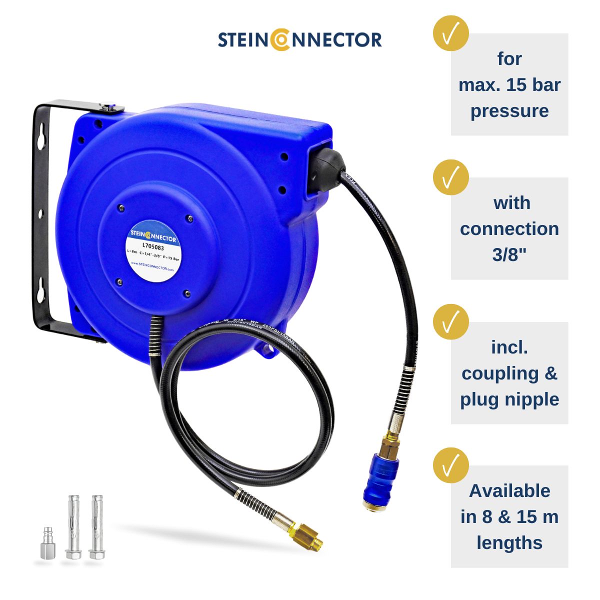 Steinconnector professional hose reel blue in 8 and 15 m hose length - automatic hose reel with wall bracket incl. mounting material
