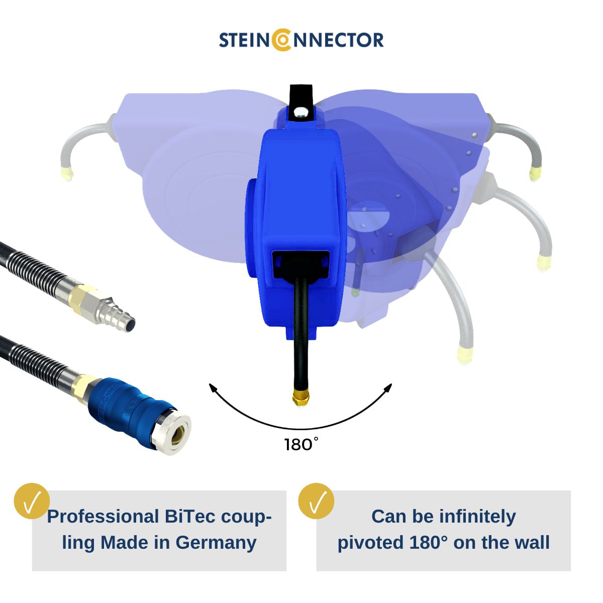 Automatic hose rewinder with wall bracket - 180° rotatable and swivelling - Professional compressed air wall hose box with flexible compressed air hose with lockable BiTec compressed air coupling and plug-in nipple