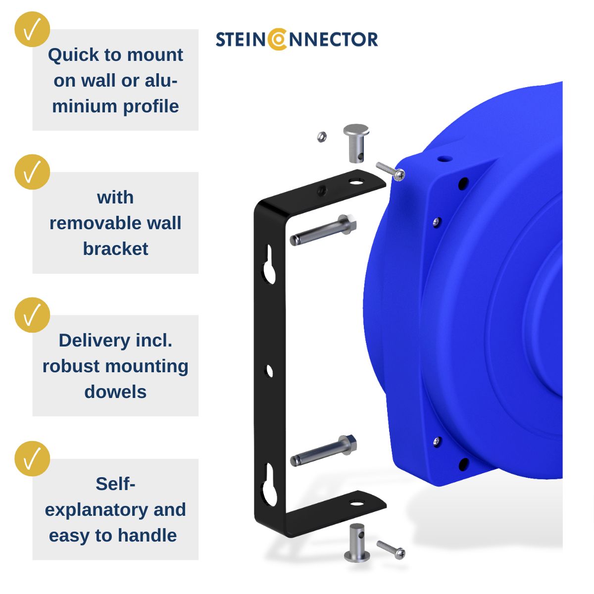 Wall-mounted compressed air hose box with automatic retraction - professional hose reel with wall bracket 180° swivelling - easy wall mounting incl. mounting material & dowels 8 and 15 m version