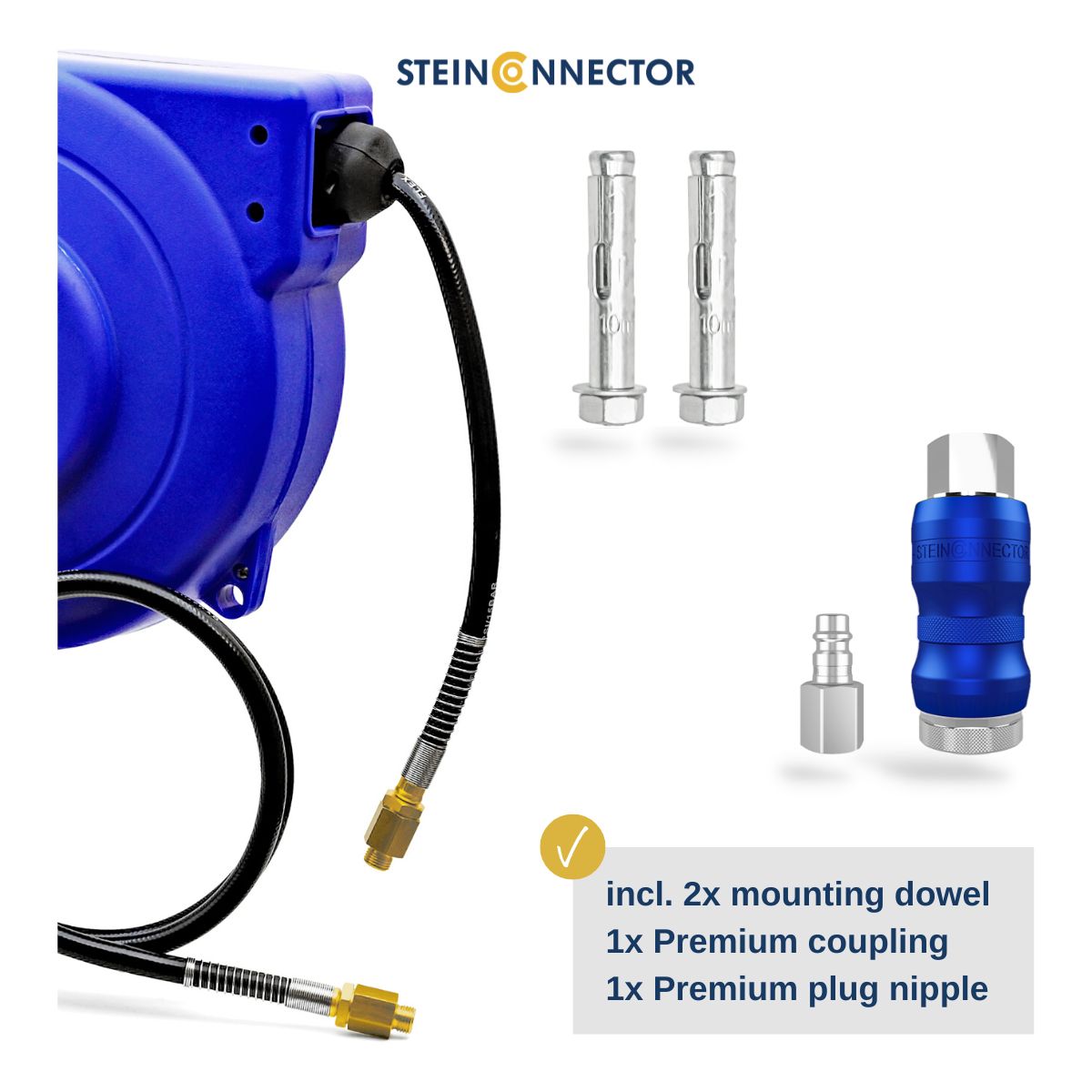 Steinconnector Profi automatic hose reel in 8 and 15 m hose length - Premium pneumatic hose reel with wall bracket, mounting dowel, Porfi compressed air coupling and plug-in nipple