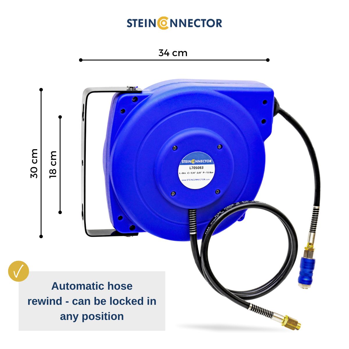 Professional automatic hose reel in industrial quality - Premium workshop equipment for compressed air and pneumatic tools - automatic hose box with wall bracket in 8 and 15 m length with flex hose & BiTec compressed air safety coupling