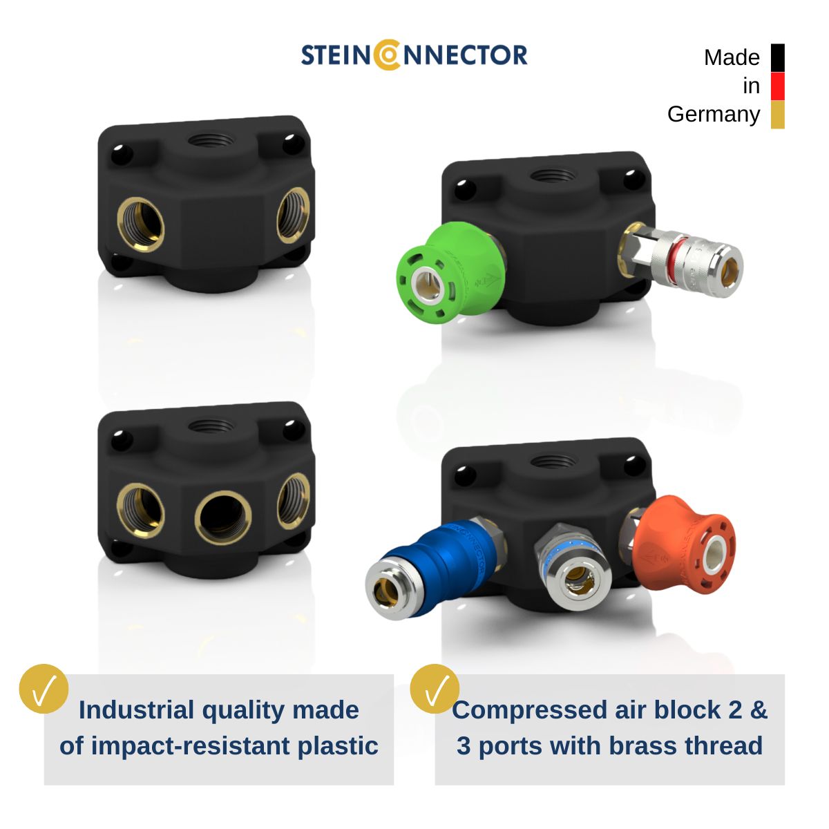 Professional compressed air & pneumatic distributor block & distributor box in industrial quality - glass-fibre reinforced impact-resistant plastic with brass sleeves 1/2 inch in 2 and 3 ports