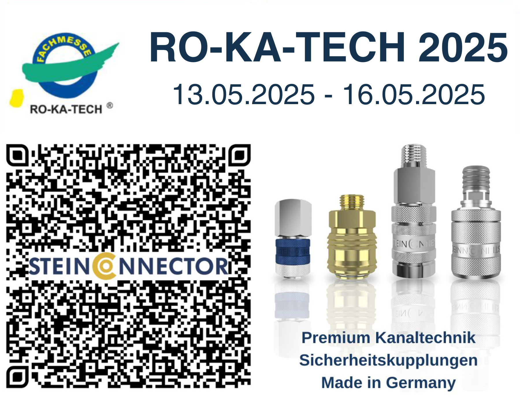 ro-ka-tech messe kanaltechnik abwassertechnik druckluft-zubehör fittings druckluftanschlüsse für absperrblase sichheritskupplung für schiebestange schnellkupplung sicherheitsverriegelung clean break kupplung flat face premium made in germany formschlüssig