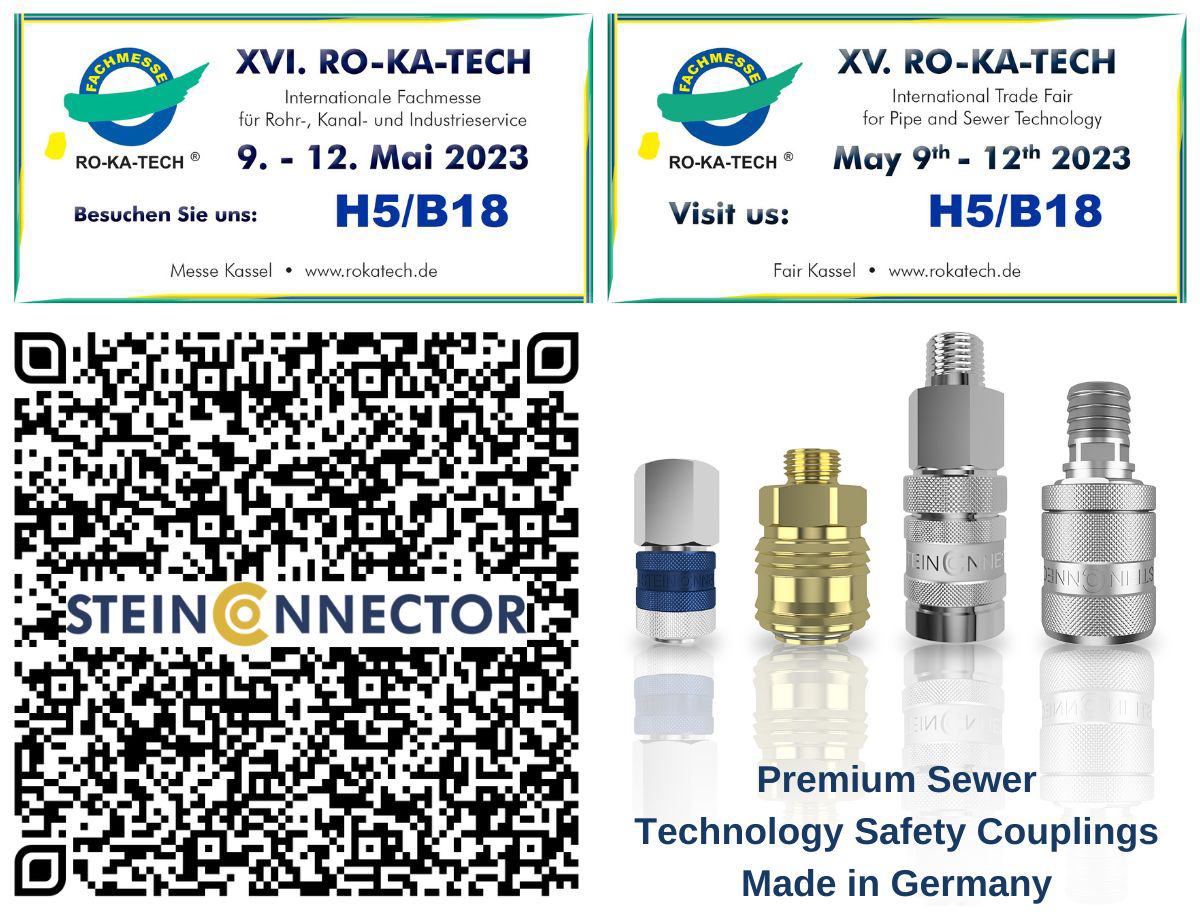 ro-ka-tech fair sewer technology wastewater technology compressed air accessories fittings compressed air connections for shut-off bladder sichherit coupling for push rod quick coupling safety lock clean break coupling flat face premium made in germany positive locking